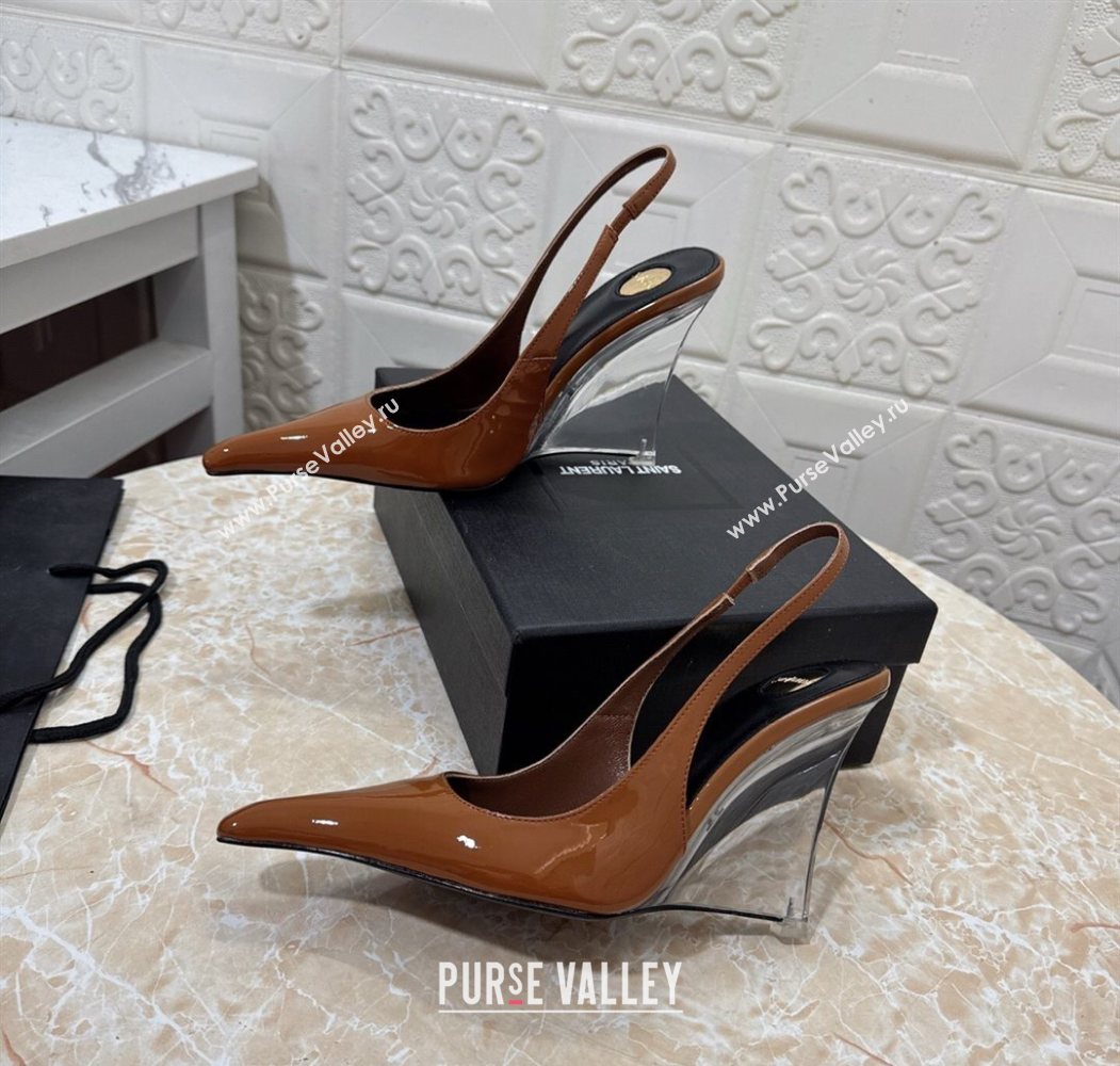 Saint Laurent Pointy Slingback Wedge Pumps 10.5cm in Patent Leather Brown 2025 1027 (MD-251028091)