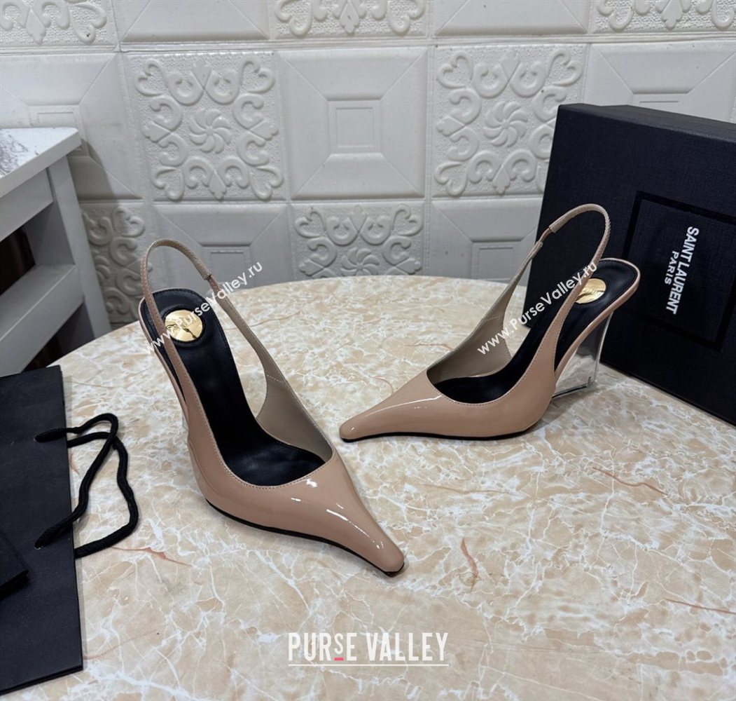 Saint Laurent Pointy Slingback Wedge Pumps 10.5cm in Patent Leather Nude Pink 2025 1027 (MD-251028092)