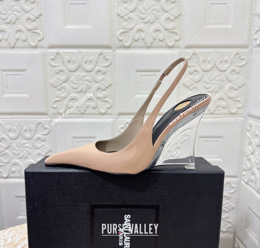 Saint Laurent Pointy Slingback Wedge Pumps 10.5cm in Patent Leather Nude Pink 2025 1027 (MD-251028092)