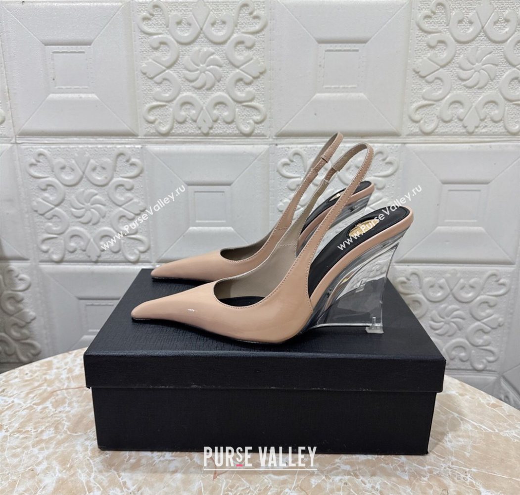 Saint Laurent Pointy Slingback Wedge Pumps 10.5cm in Patent Leather Nude Pink 2025 1027 (MD-251028092)