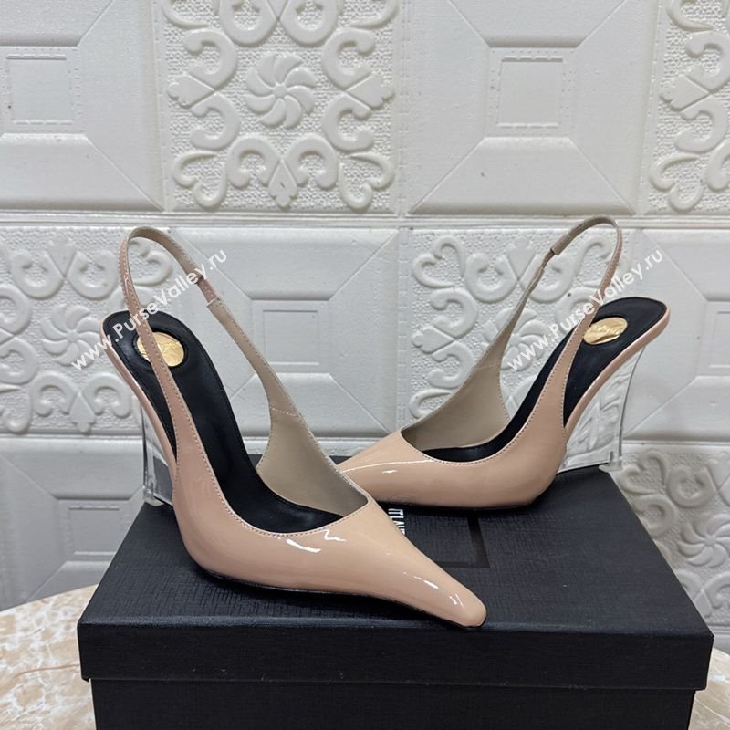 Saint Laurent Pointy Slingback Wedge Pumps 10.5cm in Patent Leather Nude Pink 2025 1027 (MD-251028092)