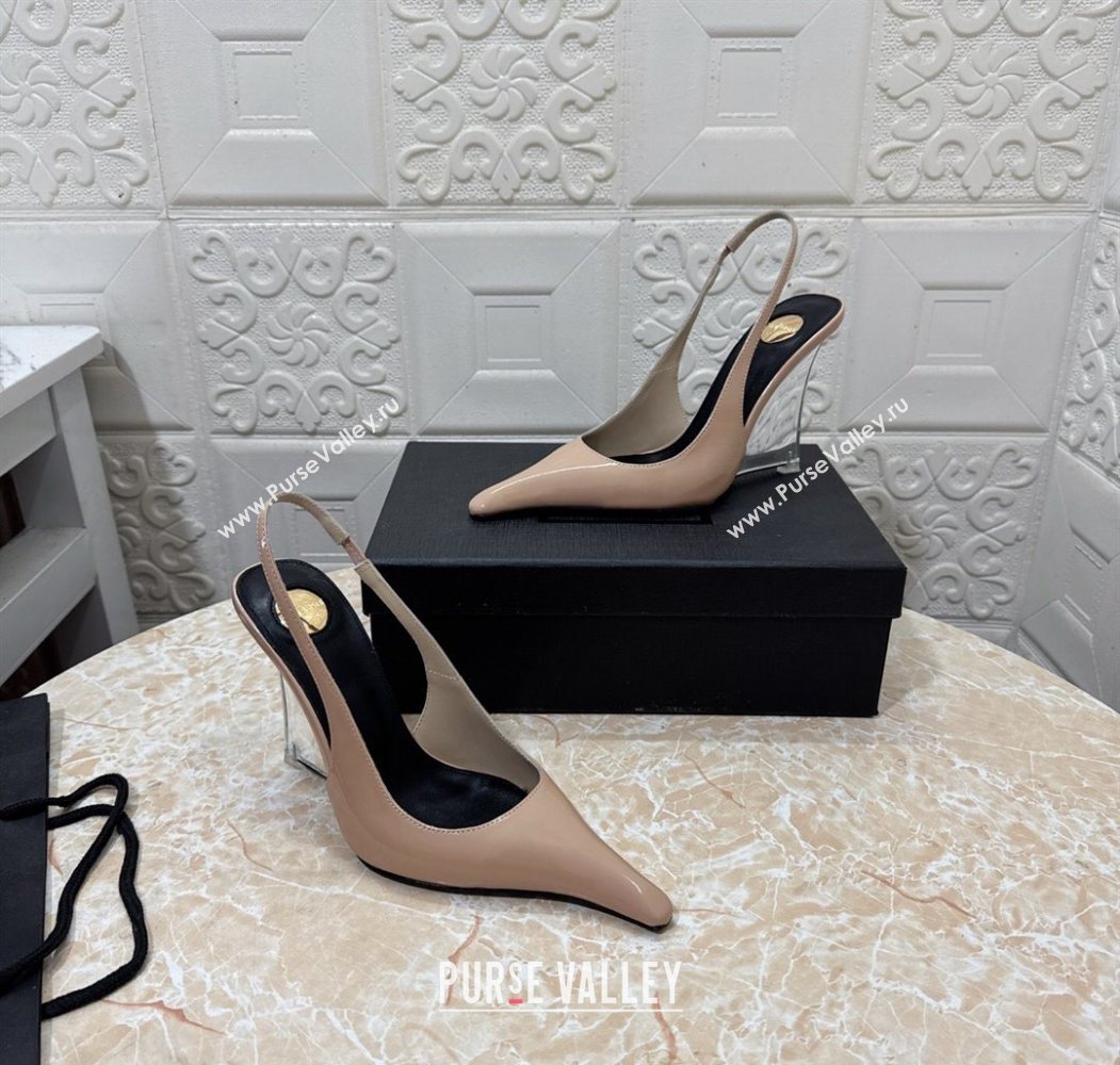 Saint Laurent Pointy Slingback Wedge Pumps 10.5cm in Patent Leather Nude Pink 2025 1027 (MD-251028092)