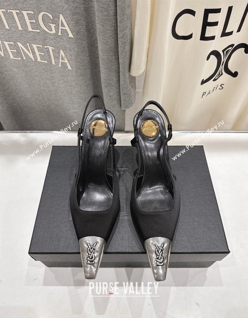 Saint Laurent Jeanne Slingback Pumps 7.5cm in Satin Black/Silver 2025 1028 (MD-251028099)