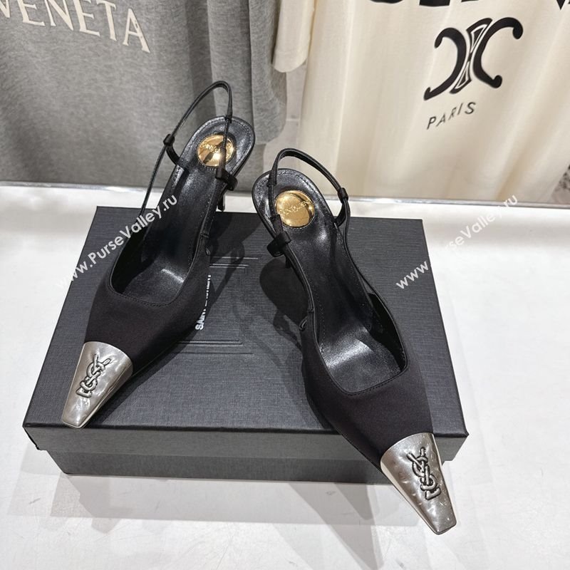 Saint Laurent Jeanne Slingback Pumps 7.5cm in Satin Black/Silver 2025 1028 (MD-251028099)