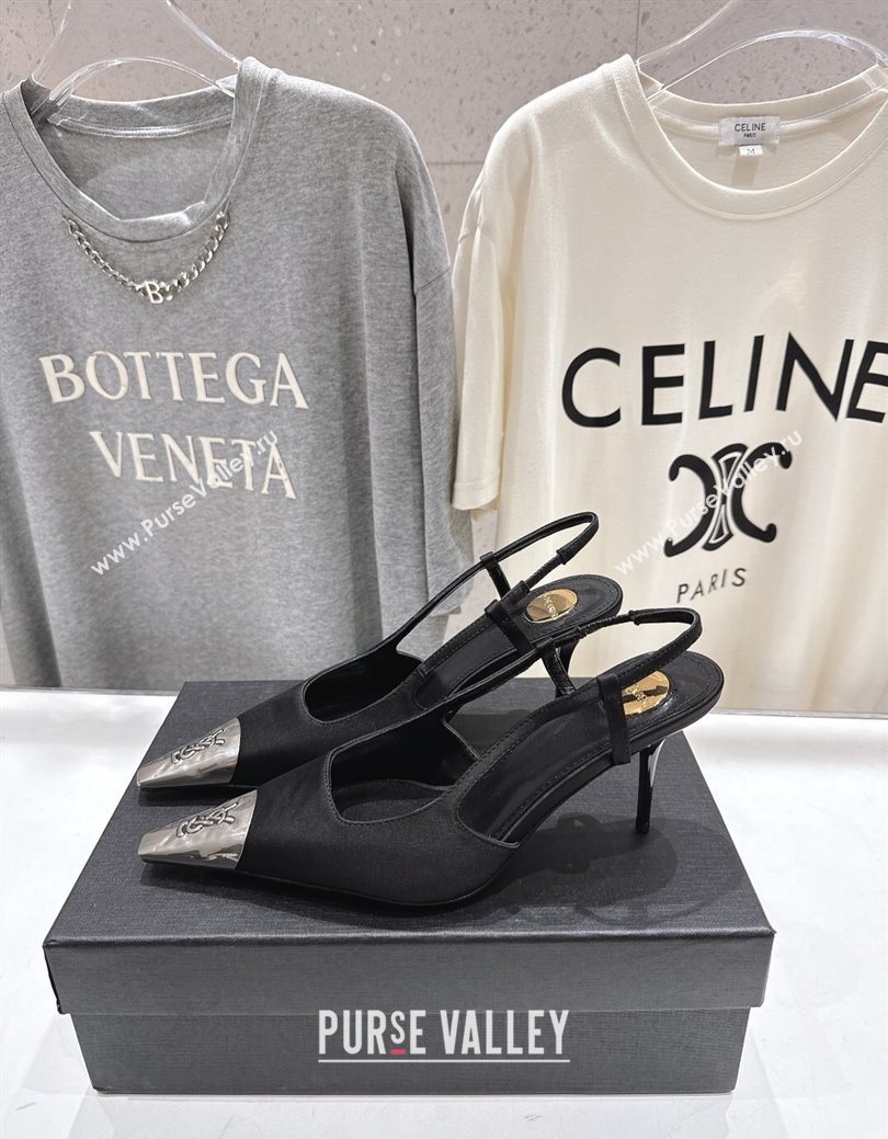 Saint Laurent Jeanne Slingback Pumps 7.5cm in Satin Black/Silver 2025 1028 (MD-251028099)
