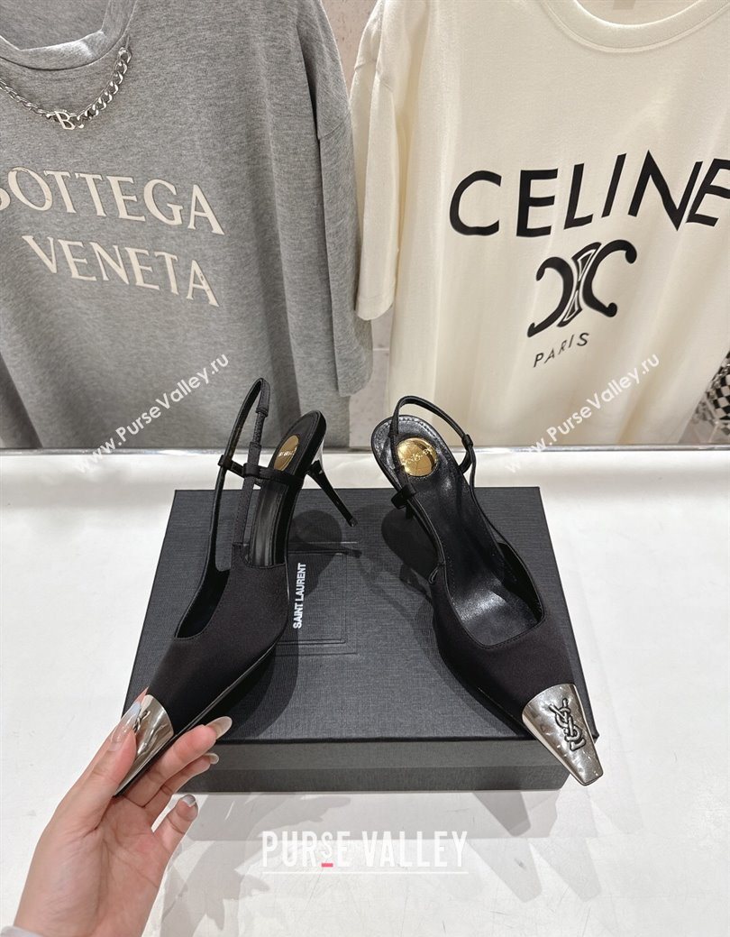 Saint Laurent Jeanne Slingback Pumps 7.5cm in Satin Black/Silver 2025 1028 (MD-251028099)