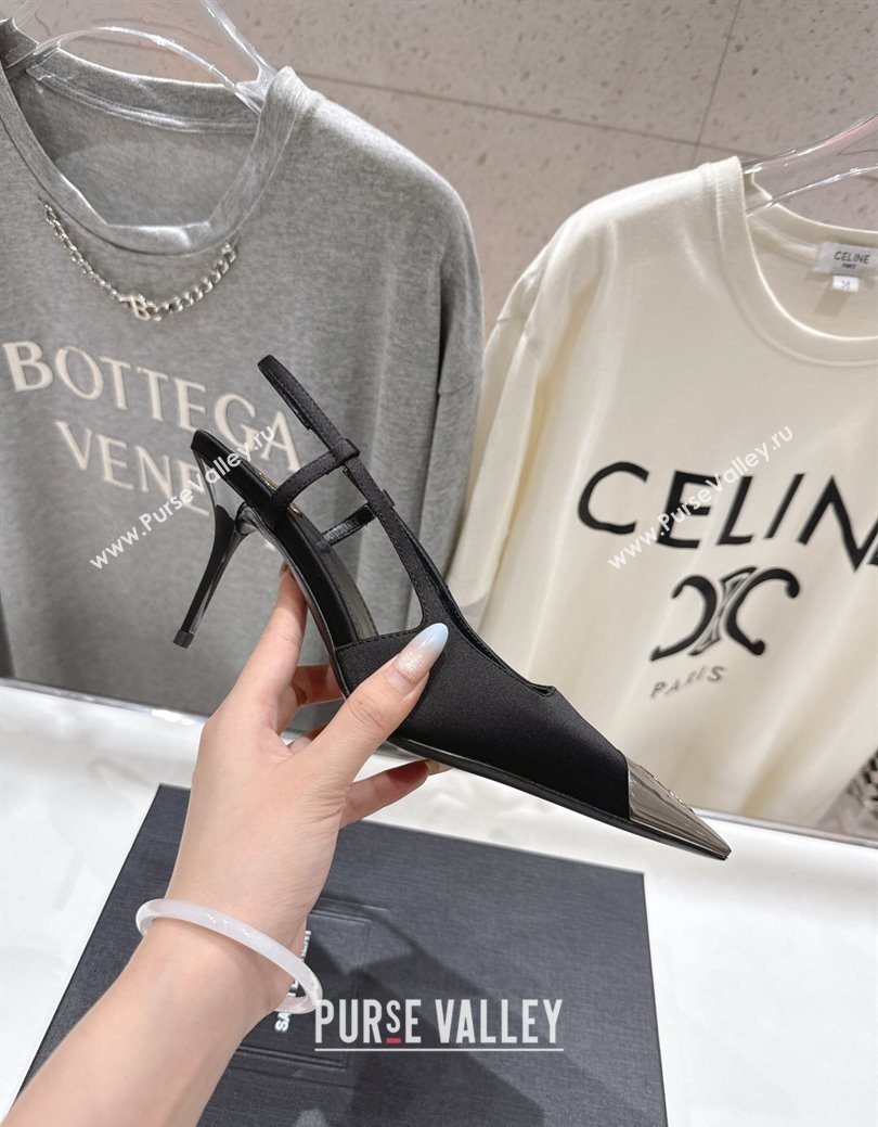 Saint Laurent Jeanne Slingback Pumps 7.5cm in Satin Black/Silver 2025 1028 (MD-251028099)