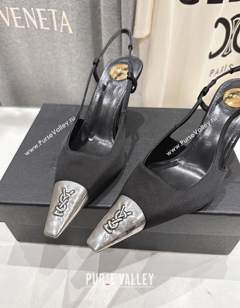 Saint Laurent Jeanne Slingback Pumps 7.5cm in Satin Black/Silver 2025 1028 (MD-251028099)