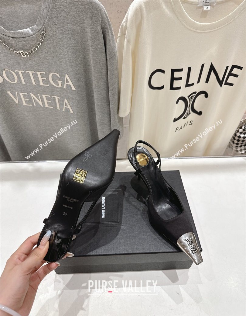 Saint Laurent Jeanne Slingback Pumps 7.5cm in Satin Black/Silver 2025 1028 (MD-251028099)