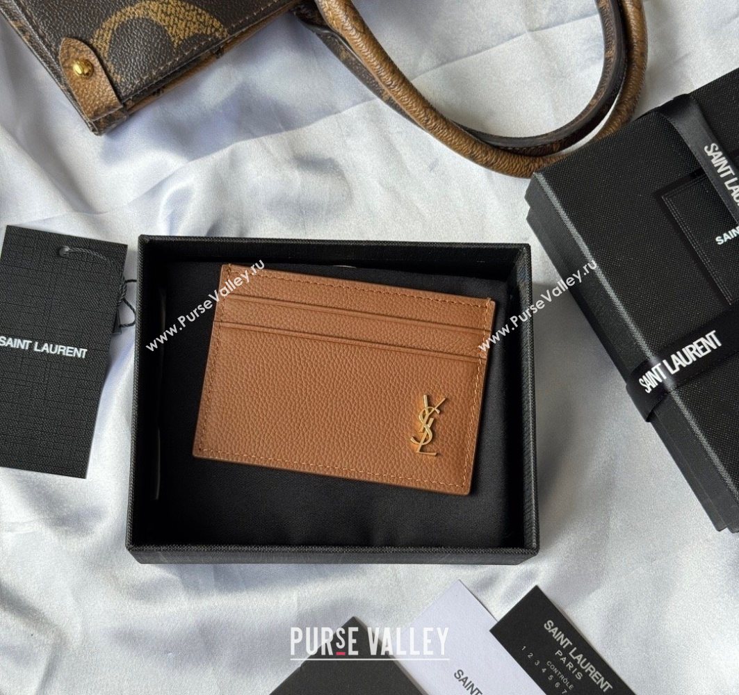 Saint Laurent Cassandre Shadow Card Case in Grained Leather Brown/Gold 2025 687098 (YY-251120004)
