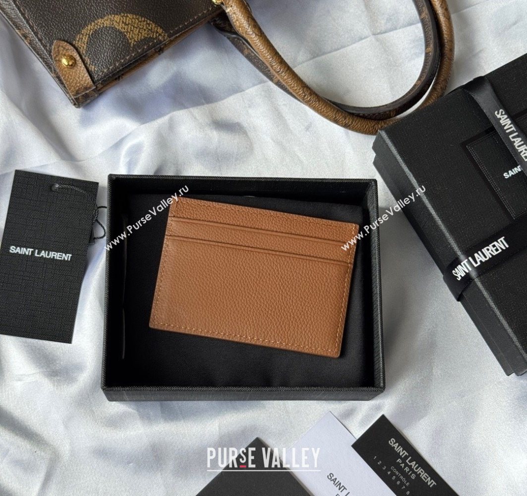 Saint Laurent Cassandre Shadow Card Case in Grained Leather Brown/Gold 2025 687098 (YY-251120004)