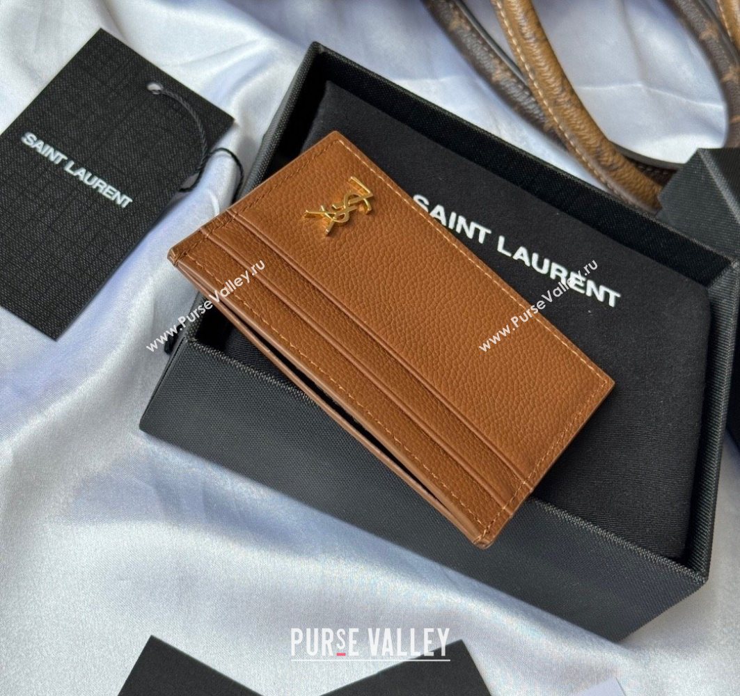 Saint Laurent Cassandre Shadow Card Case in Grained Leather Brown/Gold 2025 687098 (YY-251120004)