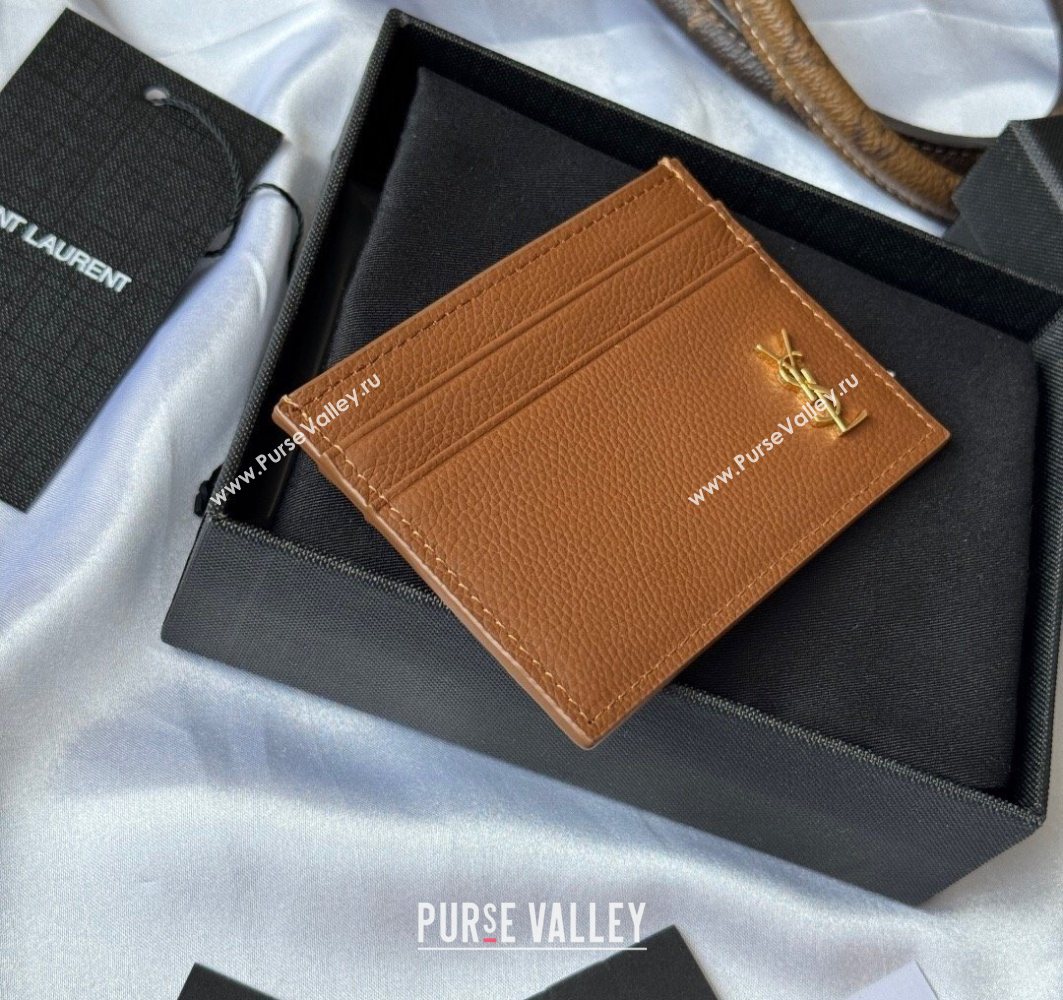 Saint Laurent Cassandre Shadow Card Case in Grained Leather Brown/Gold 2025 687098 (YY-251120004)