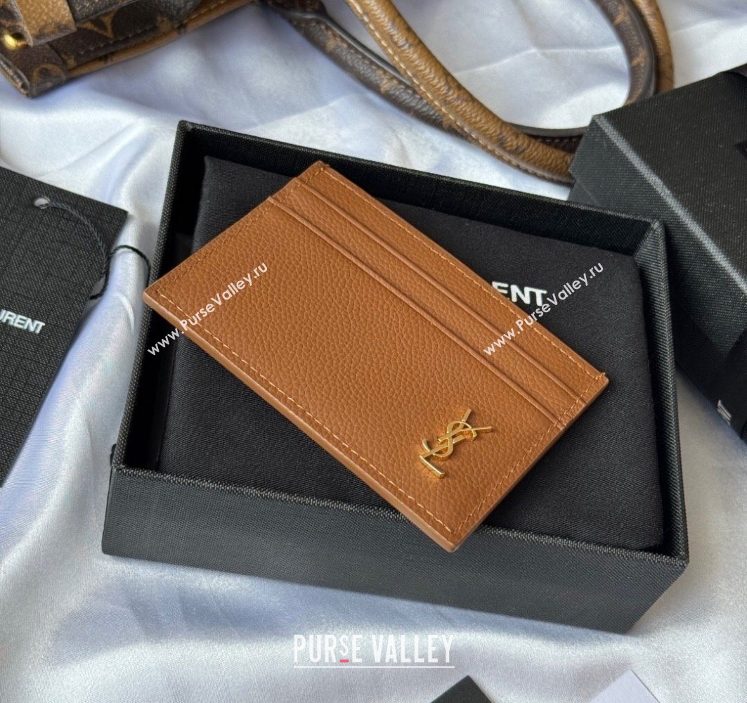 Saint Laurent Cassandre Shadow Card Case in Grained Leather Brown/Gold 2025 687098 (YY-251120004)