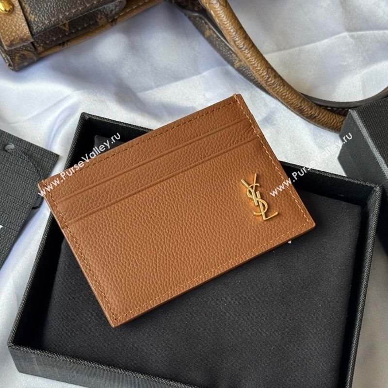 Saint Laurent Cassandre Shadow Card Case in Grained Leather Brown/Gold 2025 687098 (YY-251120004)