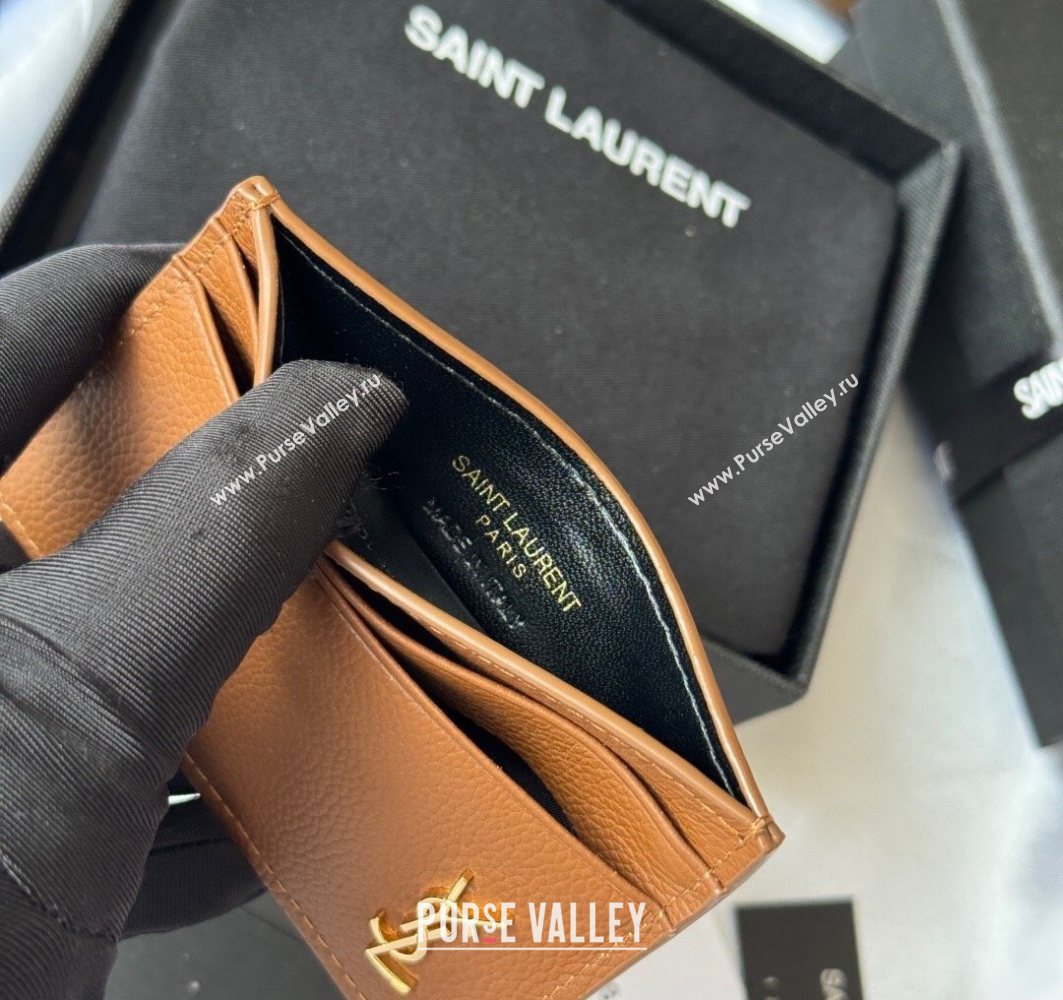Saint Laurent Cassandre Shadow Card Case in Grained Leather Brown/Gold 2025 687098 (YY-251120004)