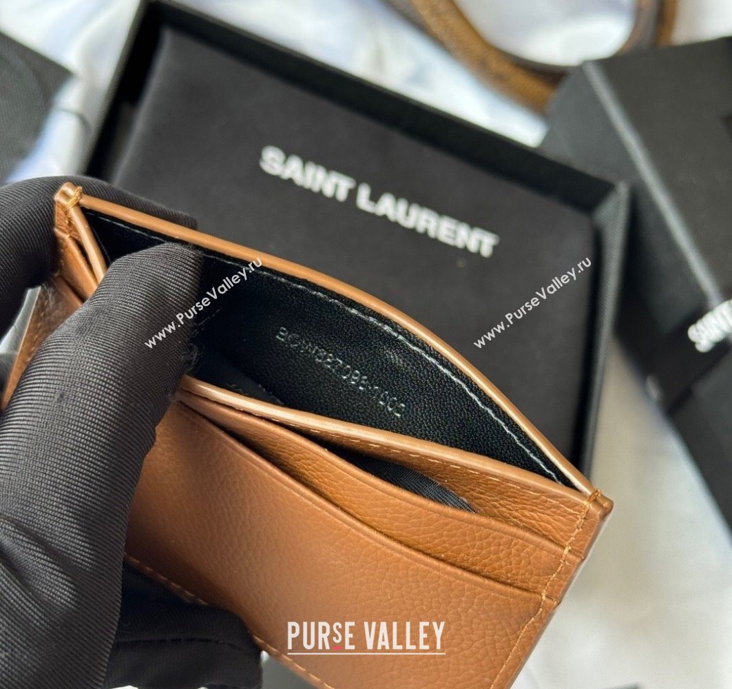 Saint Laurent Cassandre Shadow Card Case in Grained Leather Brown/Gold 2025 687098 (YY-251120004)