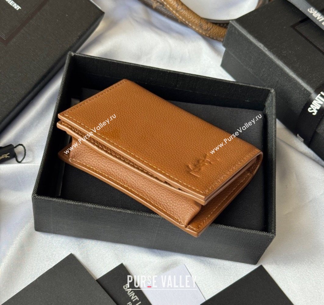 Saint Laurent Cassandre Shadow Business Card Case in Grained Leather Brown2 2025 693492 (YY-251120008)