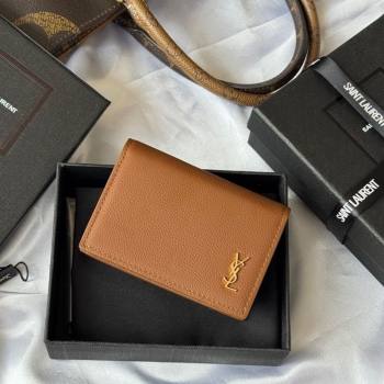 Saint Laurent Cassandre Shadow Business Card Case in Grained Leather Brown/Gold 2025 693492 (YY-251120010)