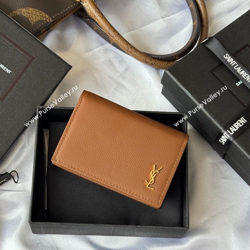Saint Laurent Cassandre Shadow Business Card Case in Grained Leather Brown/Gold 2025 693492 (YY-251120010)