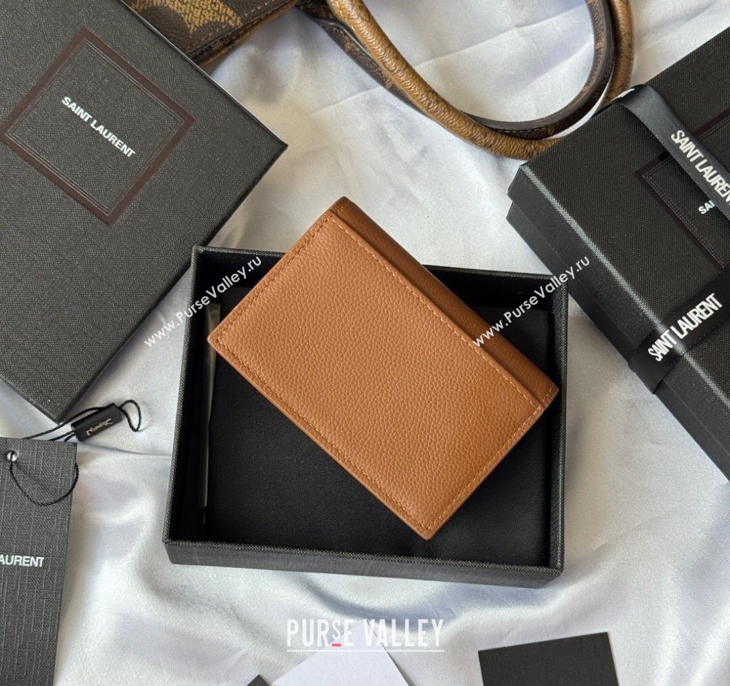 Saint Laurent Cassandre Shadow Business Card Case in Grained Leather Brown/Gold 2025 693492 (YY-251120010)