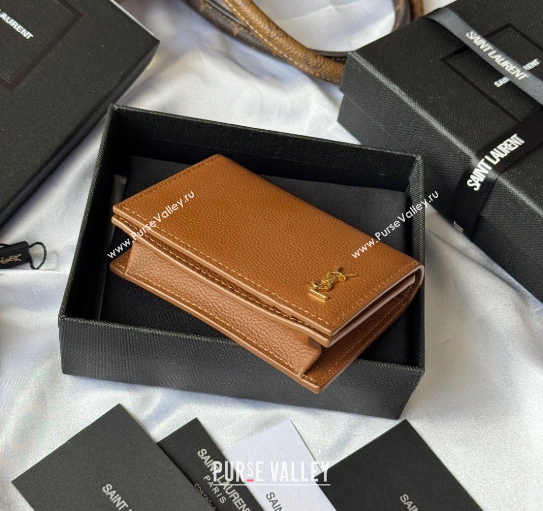 Saint Laurent Cassandre Shadow Business Card Case in Grained Leather Brown/Gold 2025 693492 (YY-251120010)