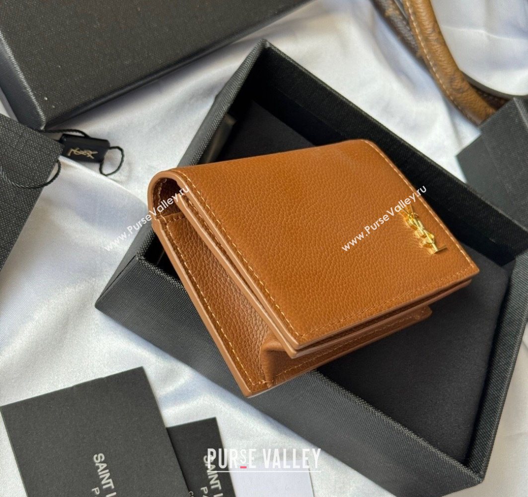 Saint Laurent Cassandre Shadow Business Card Case in Grained Leather Brown/Gold 2025 693492 (YY-251120010)