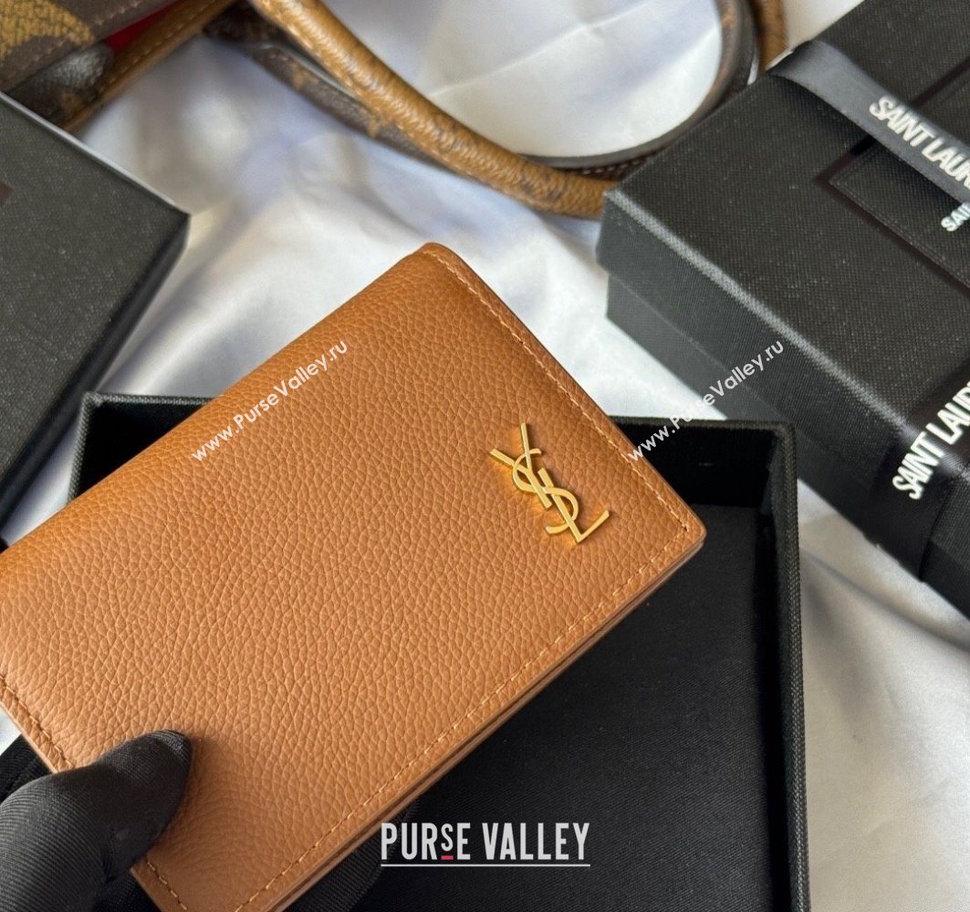 Saint Laurent Cassandre Shadow Business Card Case in Grained Leather Brown/Gold 2025 693492 (YY-251120010)