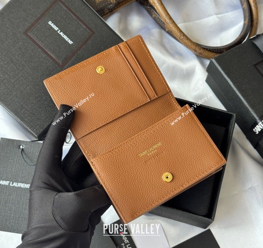 Saint Laurent Cassandre Shadow Business Card Case in Grained Leather Brown/Gold 2025 693492 (YY-251120010)