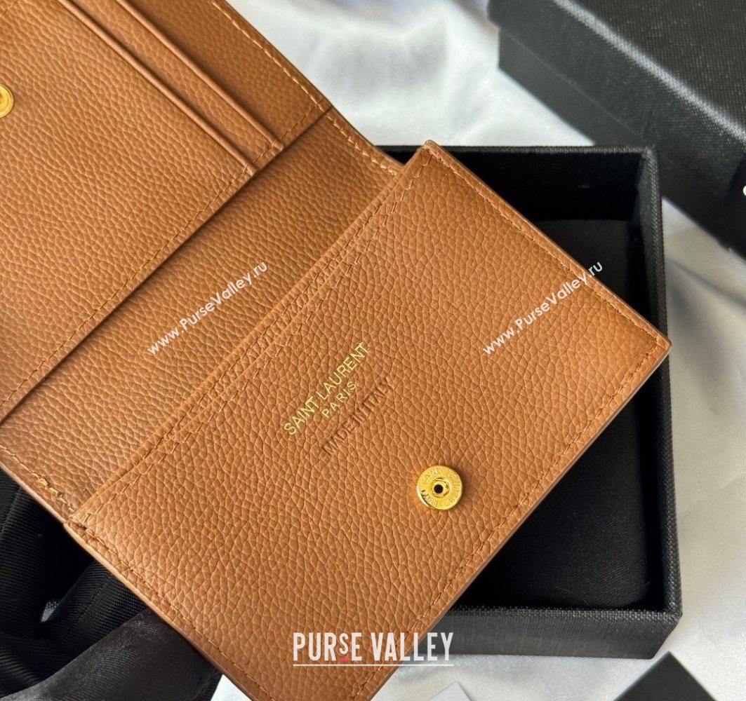 Saint Laurent Cassandre Shadow Business Card Case in Grained Leather Brown/Gold 2025 693492 (YY-251120010)