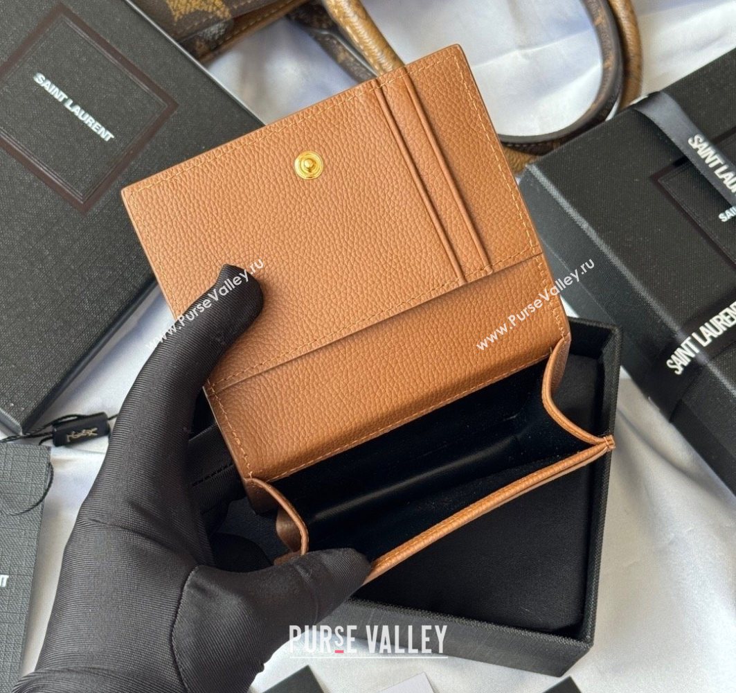 Saint Laurent Cassandre Shadow Business Card Case in Grained Leather Brown/Gold 2025 693492 (YY-251120010)