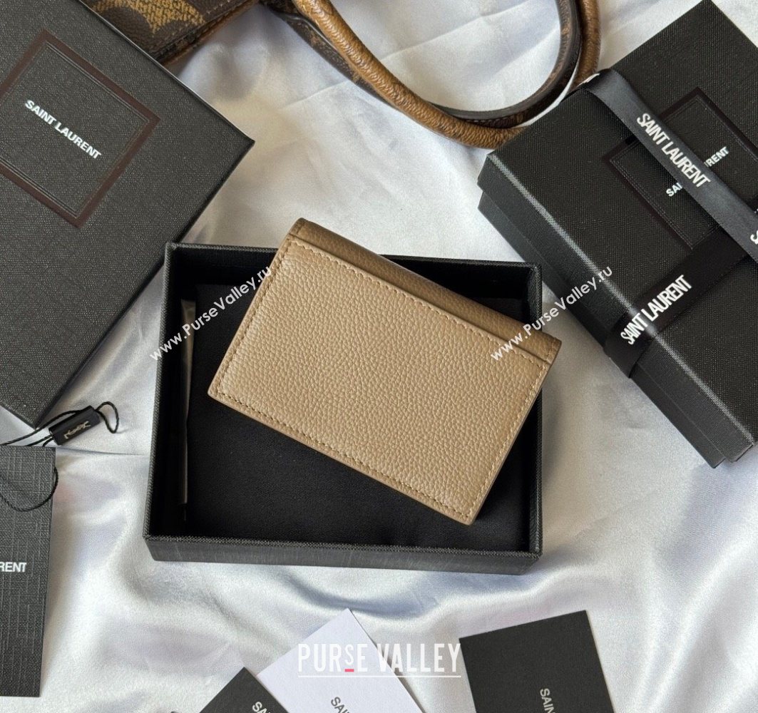 Saint Laurent Cassandre Shadow Business Card Case in Grained Leather Beige/Silver 2025 693492 (YY-251120011)