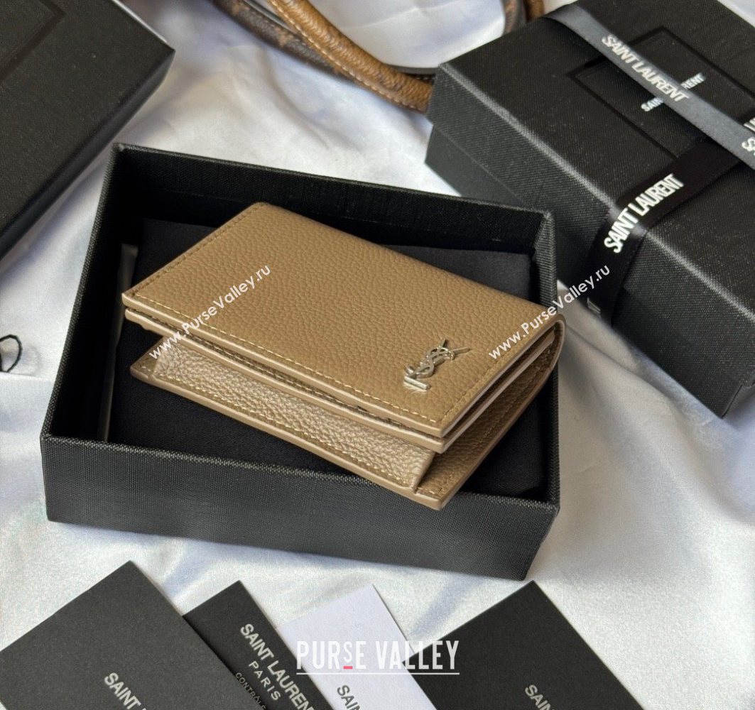 Saint Laurent Cassandre Shadow Business Card Case in Grained Leather Beige/Silver 2025 693492 (YY-251120011)