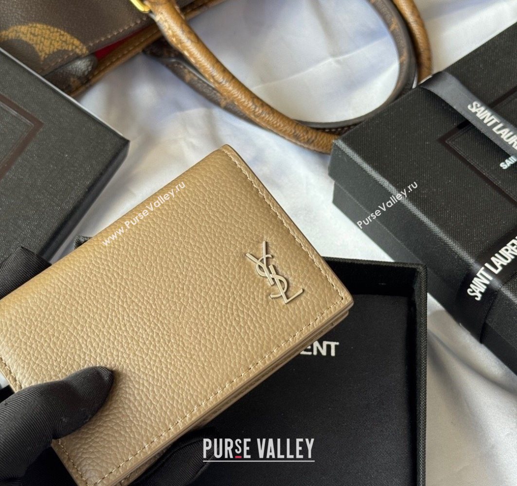 Saint Laurent Cassandre Shadow Business Card Case in Grained Leather Beige/Silver 2025 693492 (YY-251120011)
