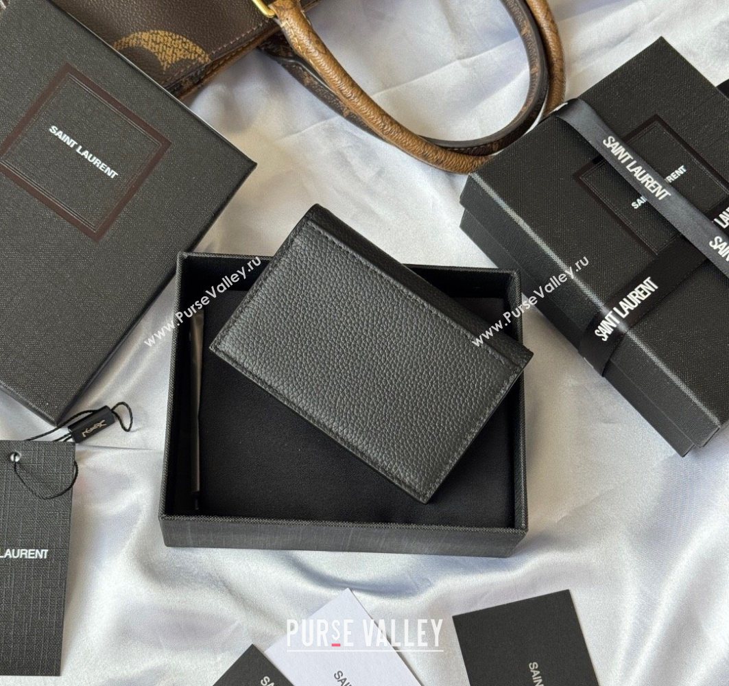 Saint Laurent Cassandre Shadow Business Card Case in Grained Leather Black/Silver 2025 693492 (YY-251120012)