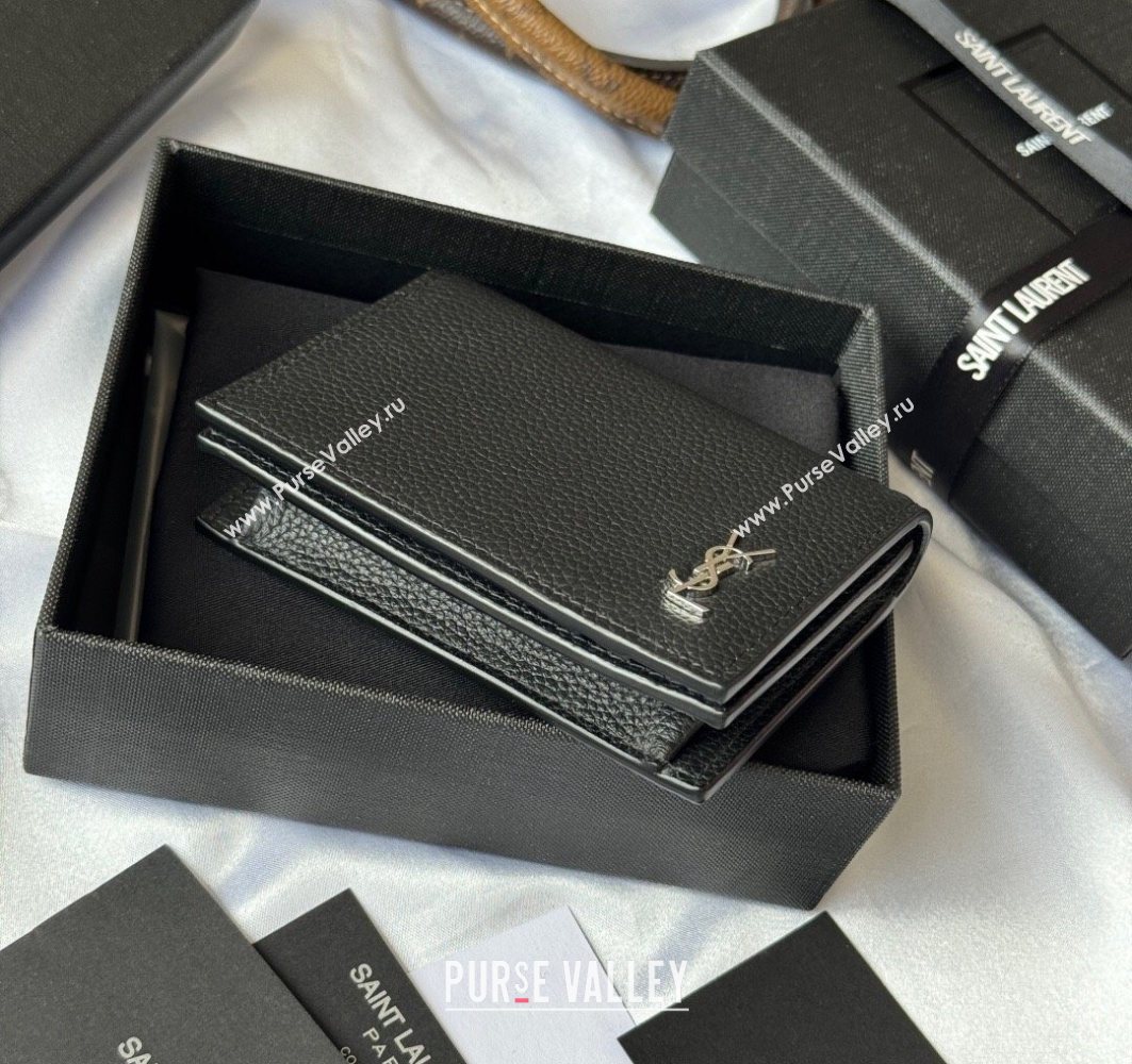Saint Laurent Cassandre Shadow Business Card Case in Grained Leather Black/Silver 2025 693492 (YY-251120012)