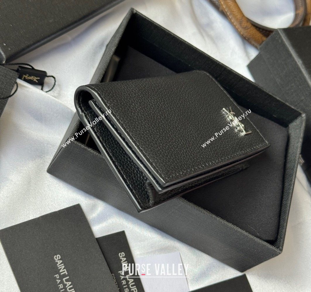Saint Laurent Cassandre Shadow Business Card Case in Grained Leather Black/Silver 2025 693492 (YY-251120012)