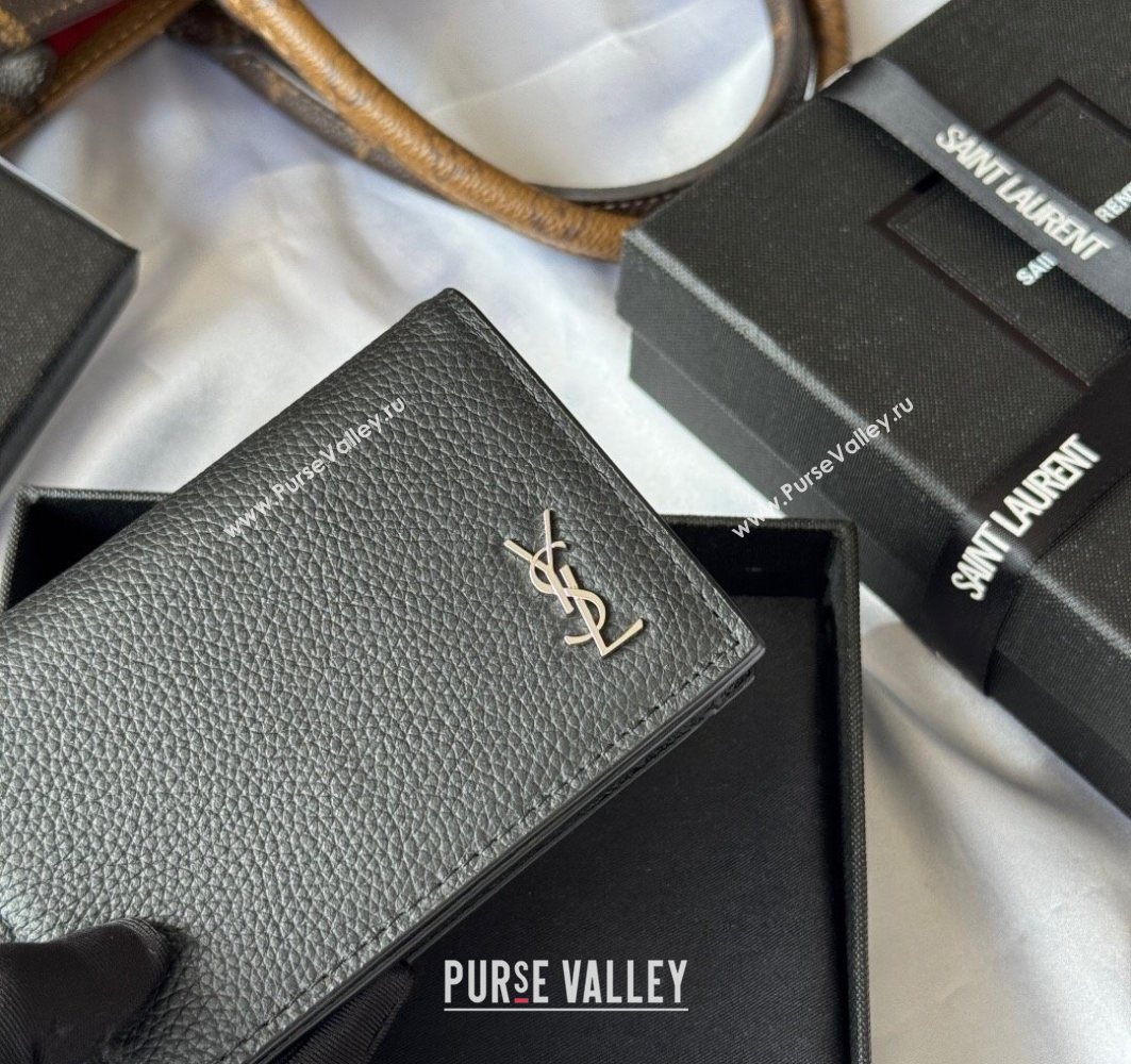 Saint Laurent Cassandre Shadow Business Card Case in Grained Leather Black/Silver 2025 693492 (YY-251120012)