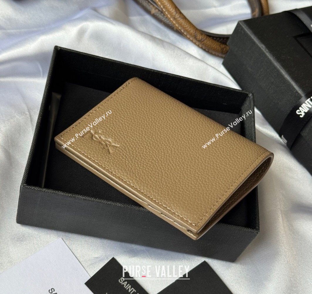 Saint Laurent Tiny Cassandre Credit Card Wallet in Grained Leather Beige2 2025 668736 (YY-251120013)
