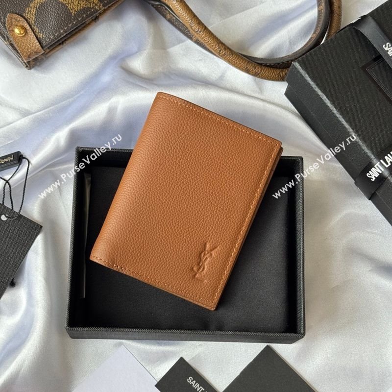 Saint Laurent Tiny Cassandre Credit Card Wallet in Grained Leather Brown2 2025 668736 (YY-251120014)