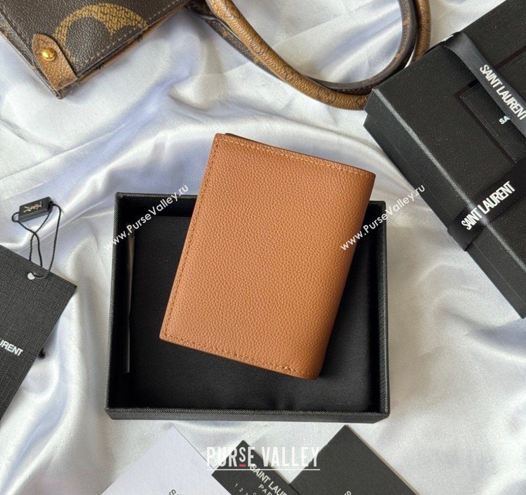 Saint Laurent Tiny Cassandre Credit Card Wallet in Grained Leather Brown2 2025 668736 (YY-251120014)
