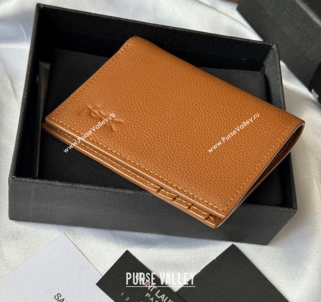 Saint Laurent Tiny Cassandre Credit Card Wallet in Grained Leather Brown2 2025 668736 (YY-251120014)