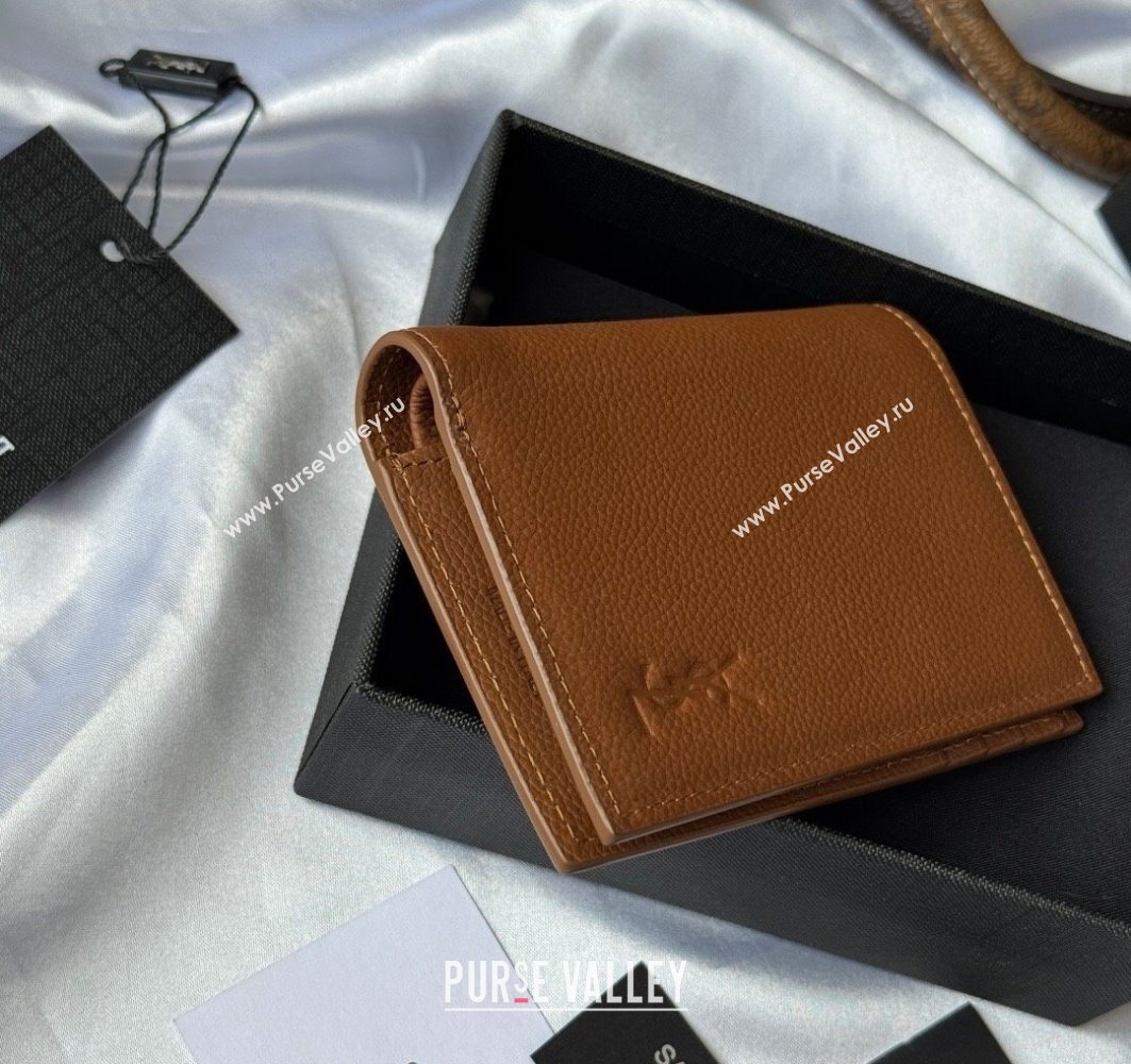 Saint Laurent Tiny Cassandre Credit Card Wallet in Grained Leather Brown2 2025 668736 (YY-251120014)