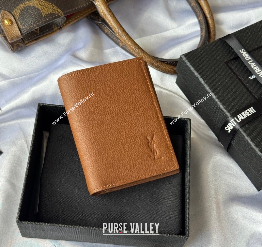 Saint Laurent Tiny Cassandre Credit Card Wallet in Grained Leather Brown2 2025 668736 (YY-251120014)