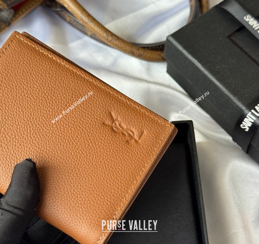 Saint Laurent Tiny Cassandre Credit Card Wallet in Grained Leather Brown2 2025 668736 (YY-251120014)