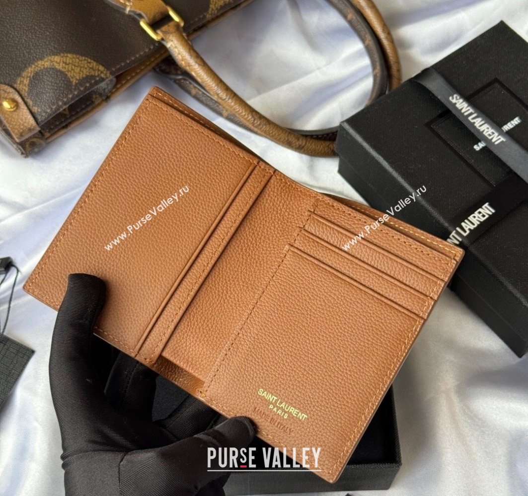 Saint Laurent Tiny Cassandre Credit Card Wallet in Grained Leather Brown2 2025 668736 (YY-251120014)