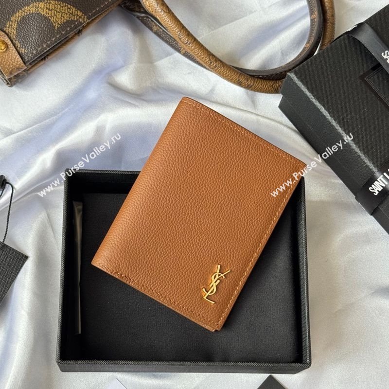 Saint Laurent Tiny Cassandre Credit Card Wallet in Grained Leather Brown/Gold 2025 668736 (YY-251120016)