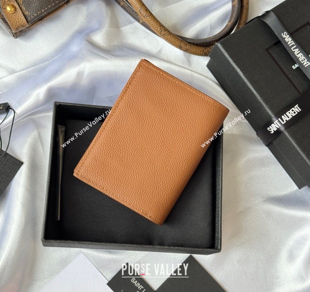 Saint Laurent Tiny Cassandre Credit Card Wallet in Grained Leather Brown/Gold 2025 668736 (YY-251120016)