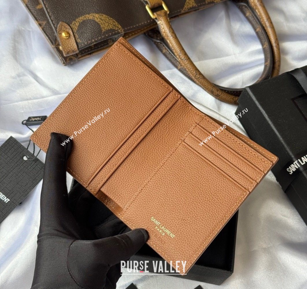 Saint Laurent Tiny Cassandre Credit Card Wallet in Grained Leather Brown/Gold 2025 668736 (YY-251120016)