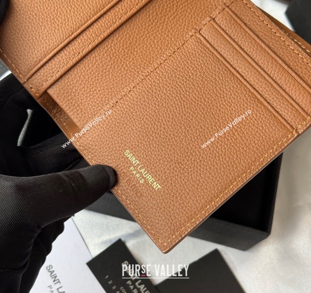 Saint Laurent Tiny Cassandre Credit Card Wallet in Grained Leather Brown/Gold 2025 668736 (YY-251120016)